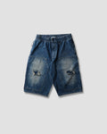 Distressed Denim Double Knee Half Pants - Navy