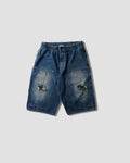 Distressed Denim Double Knee Half Pants - Navy