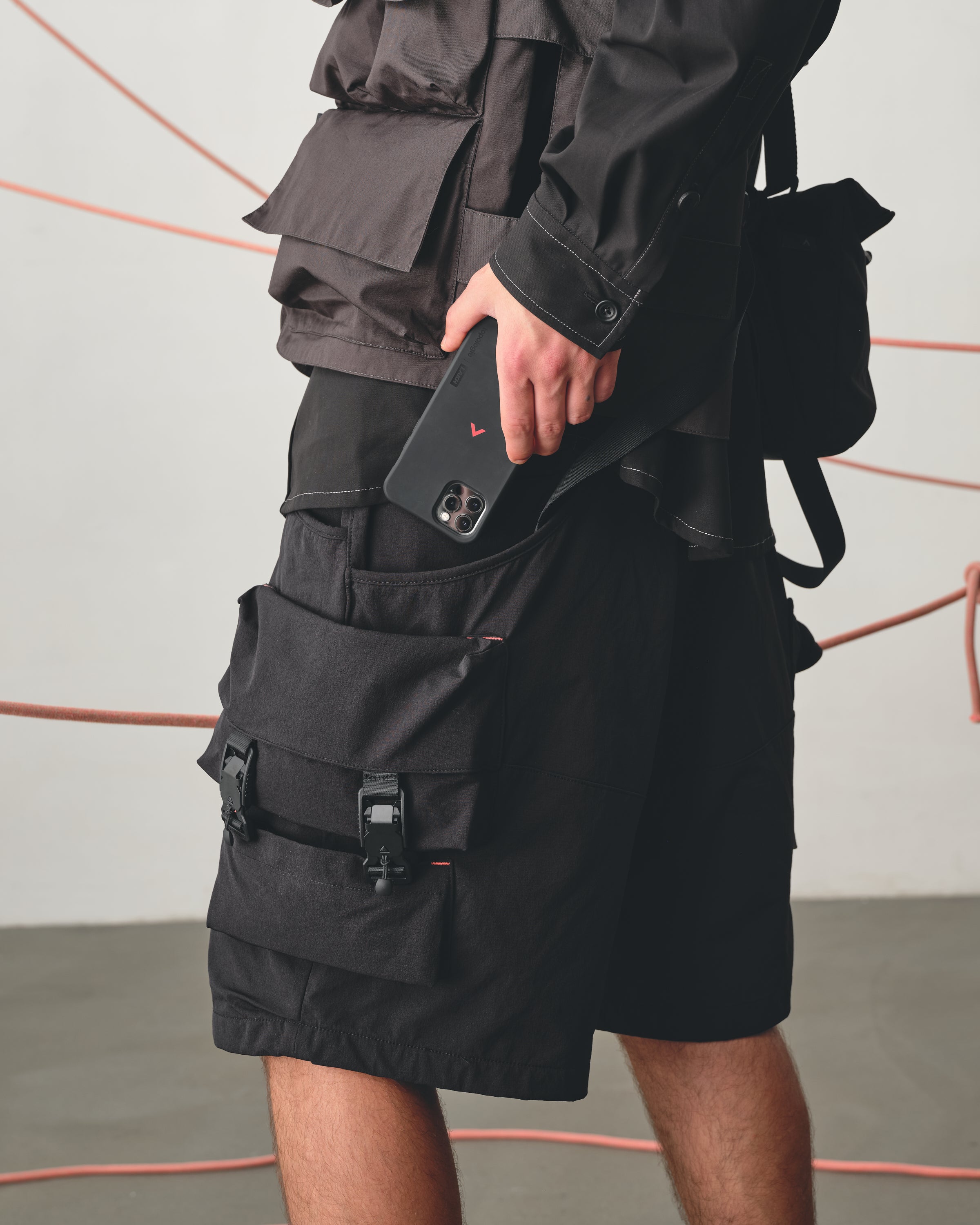 LAKH x Topologie Twelve Pockets Cargo Shorts with Chalk Bumbag